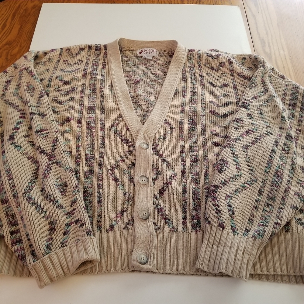 Vintage Sansabelt Beige Knit Button-Up Cardigan with Multicolor Pattern